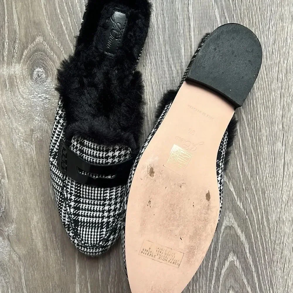 J.Crew Academy Loafer Mule with Faux Fur Lining Black/ Ivory Plaid Fabric